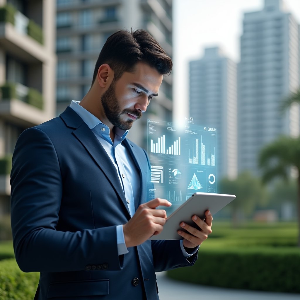 (Ultra-realistic condominium manager in a tailored navy blue suit, set in a modern luxury condominium environment with high-rise buildings and manicured greenery, medium shot of a focused professional reviewing holographic financial reports projected above a transparent tablet, subtle icons of charts and ledgers floating around, cinematic lighting, shallow depth of field, highly detailed textures, realistic skin, photographic realism, 8k resolution --ar 1:1 --v 6)