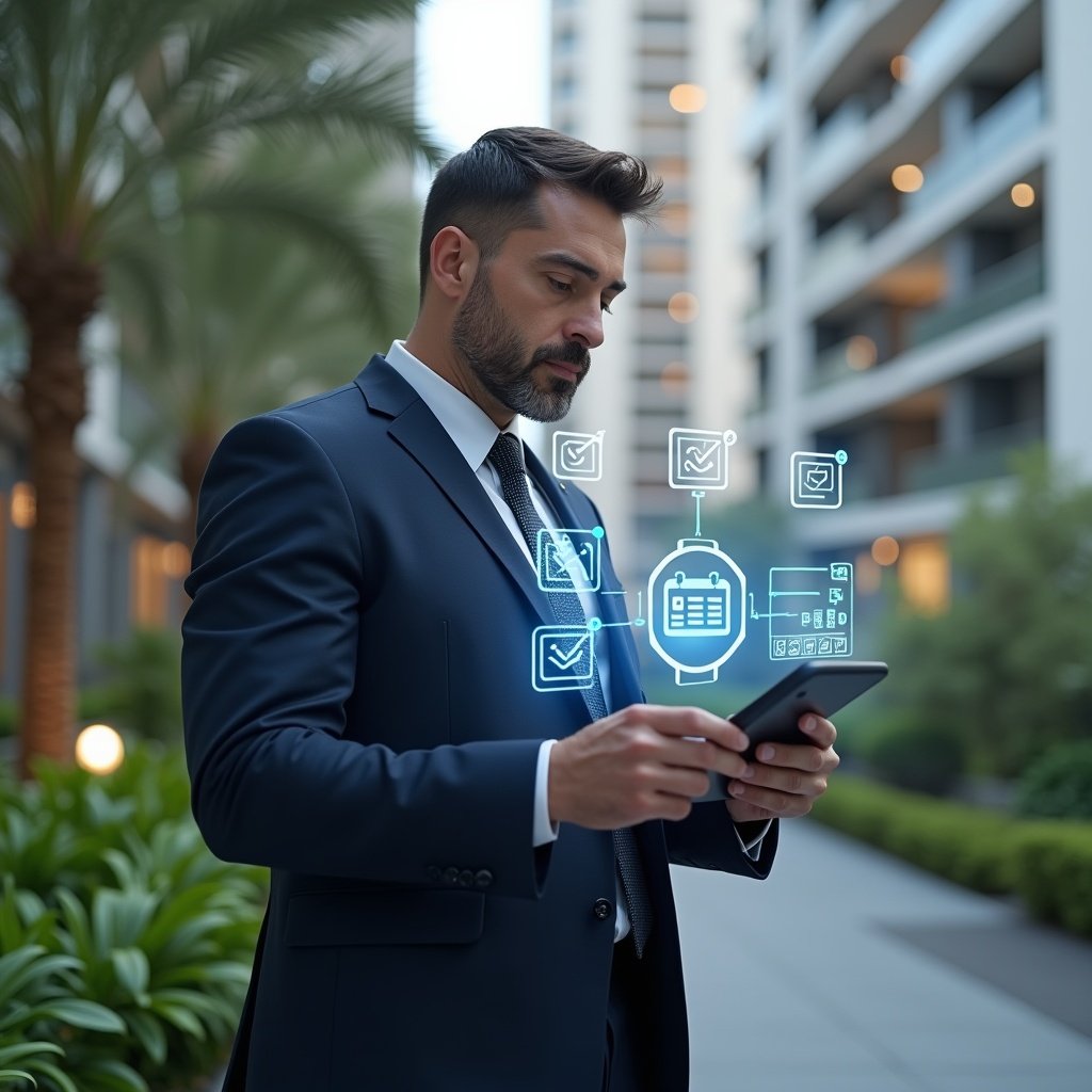 (Ultra-realistic condominium manager in a navy business suit, set in a modern luxury condominium environment with high-rise buildings and green landscaping, reviewing a holographic schedule interface with floating calendar and checklist icons, confident and focused expression, cinematic lighting, shallow depth of field, highly detailed textures, realistic skin, photographic realism, 8k resolution --ar 1:1 --v 6)