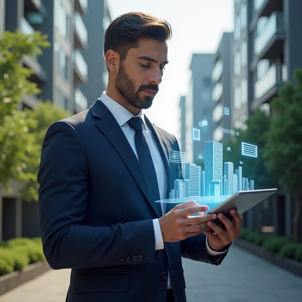 Ultra-realistic condominium manager in a navy blue tailored suit, set in a modern luxury condominium environment with high-rise buildings and lush green landscaping, holding a digital tablet displaying holographic charts and an aplicativo para condomínio interface, examining data with a confident, thoughtful expression, floating holographic icons of buildings and bar graphs around, cinematic lighting, shallow depth of field, highly detailed textures, realistic skin, photographic realism, 8k resolution --ar 1:1 --v 6