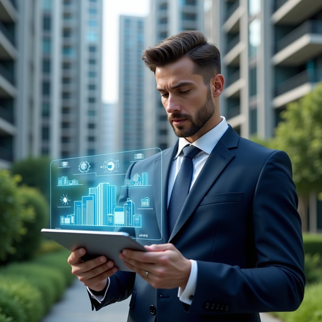 Ultra-realistic condominium manager in a dark blue suit, set in a modern luxury condominium environment with high-rise buildings and lush green landscaping, holding a tablet projecting a holographic condominium management app interface with icons for small, medium and large buildings and analytical charts, looking confident and thoughtful, cinematic lighting, shallow depth of field, highly detailed textures, realistic skin, photographic realism, 8k resolution --ar 1:1 --v 6