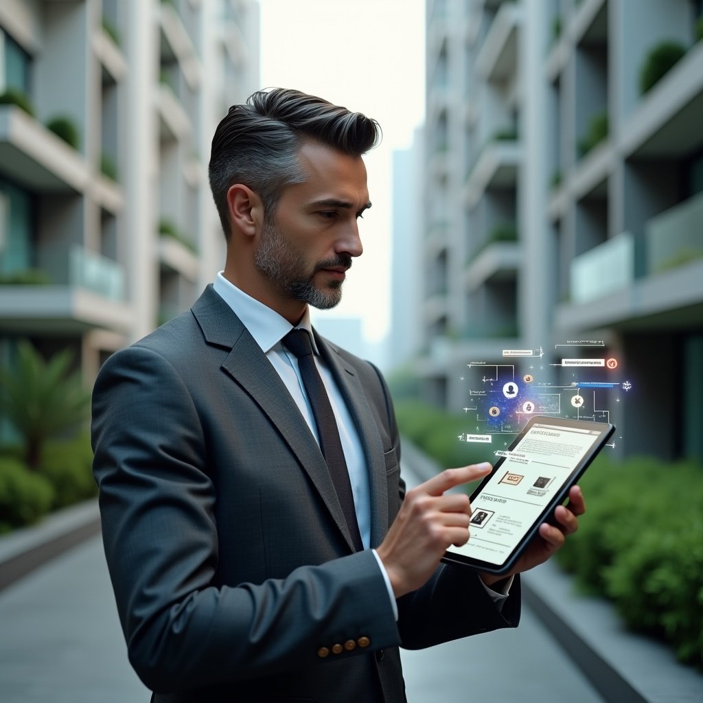 (Ultra-realistic condominium manager in a charcoal gray tailored suit, set in a modern luxury condominium environment with high-rise buildings and manicured green landscaping, holding a digital tablet displaying a holographic checklist and chat icons to symbolize task management and communication, confidently analyzing the interface with a thoughtful expression, cinematic lighting, shallow depth of field, highly detailed textures, realistic skin, photographic realism, 8k resolution --ar 1:1 --v 6)