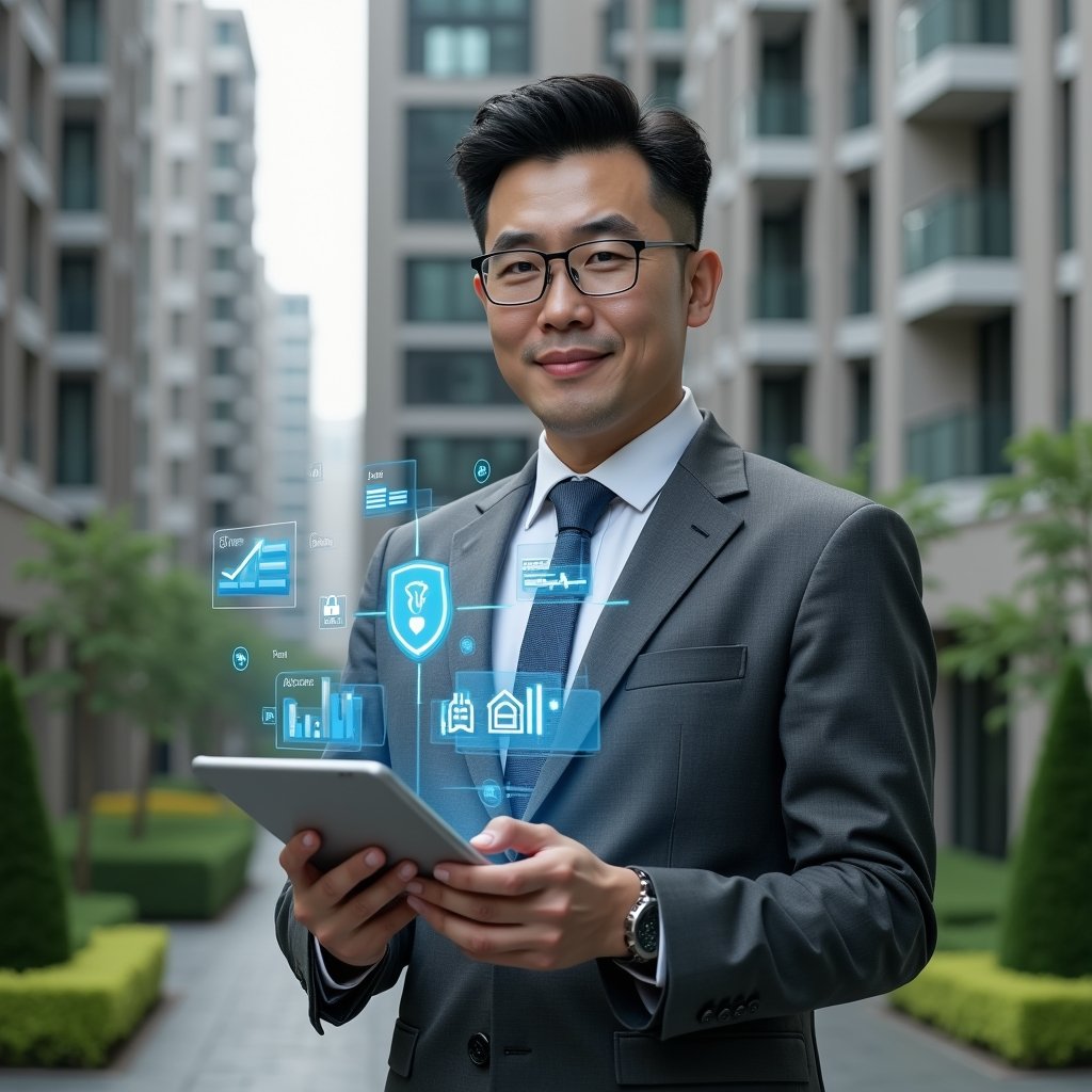 (Ultra-realistic condominium manager in a charcoal gray executive suit, set in a modern luxury condominium environment with high-rise buildings and manicured green landscaping, holding a tablet displaying floating holographic app icons and graphs as if evaluating features, security, and cost-benefit, confident and focused expression, cinematic lighting, shallow depth of field, highly detailed textures, realistic skin, photographic realism, 8k resolution --ar 1:1 --v 6)