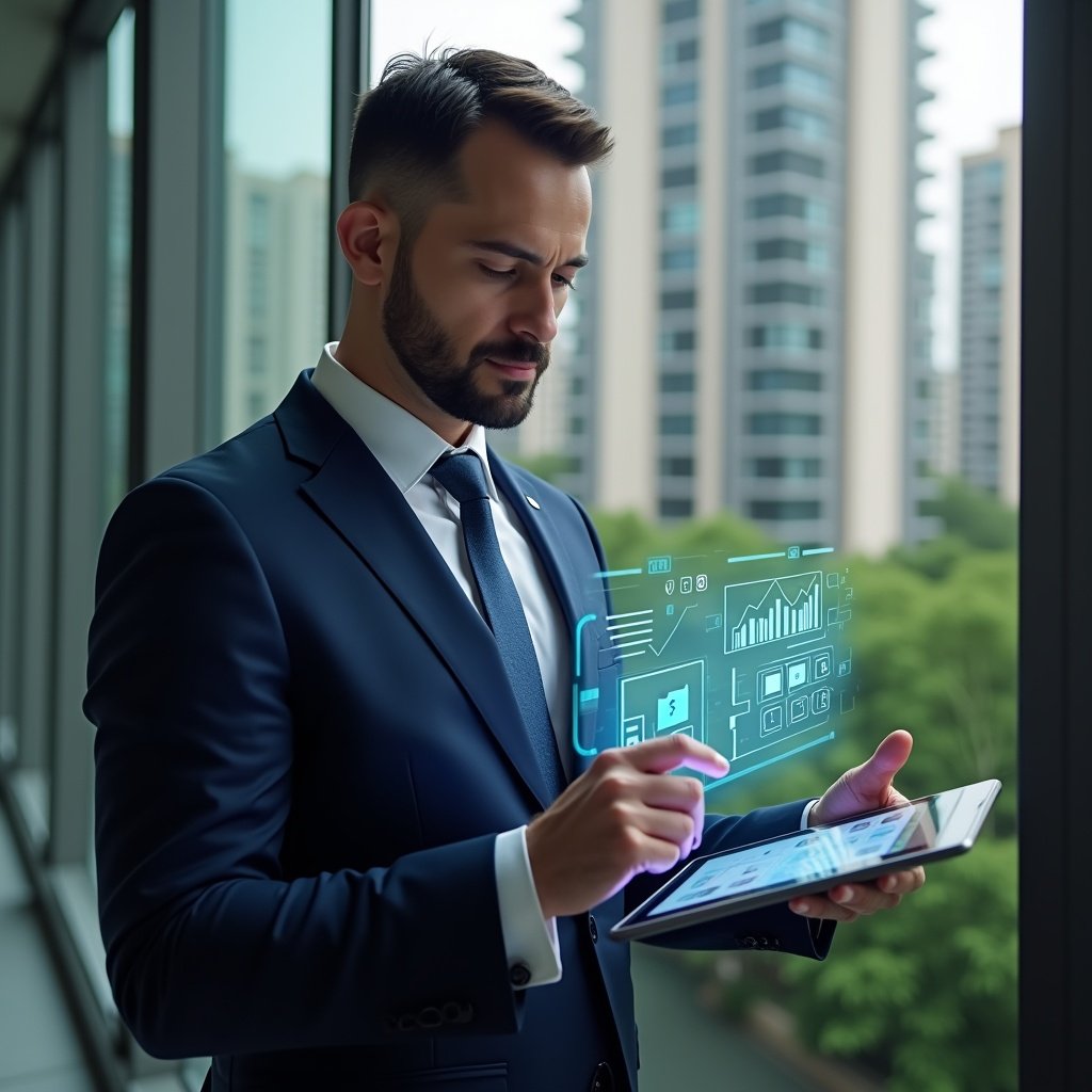 (Ultra-realistic condominium manager in a tailored navy suit, set in a modern luxury condominium environment with high-rise buildings and lush green landscaping, analyzing a holographic aplicativo para condomínio interface projected above a tablet, floating app icons and analytics graphs around them, thoughtful and confident expression, cinematic lighting, shallow depth of field, highly detailed textures, realistic skin, photographic realism, 8k resolution --ar 1:1 --v 6)