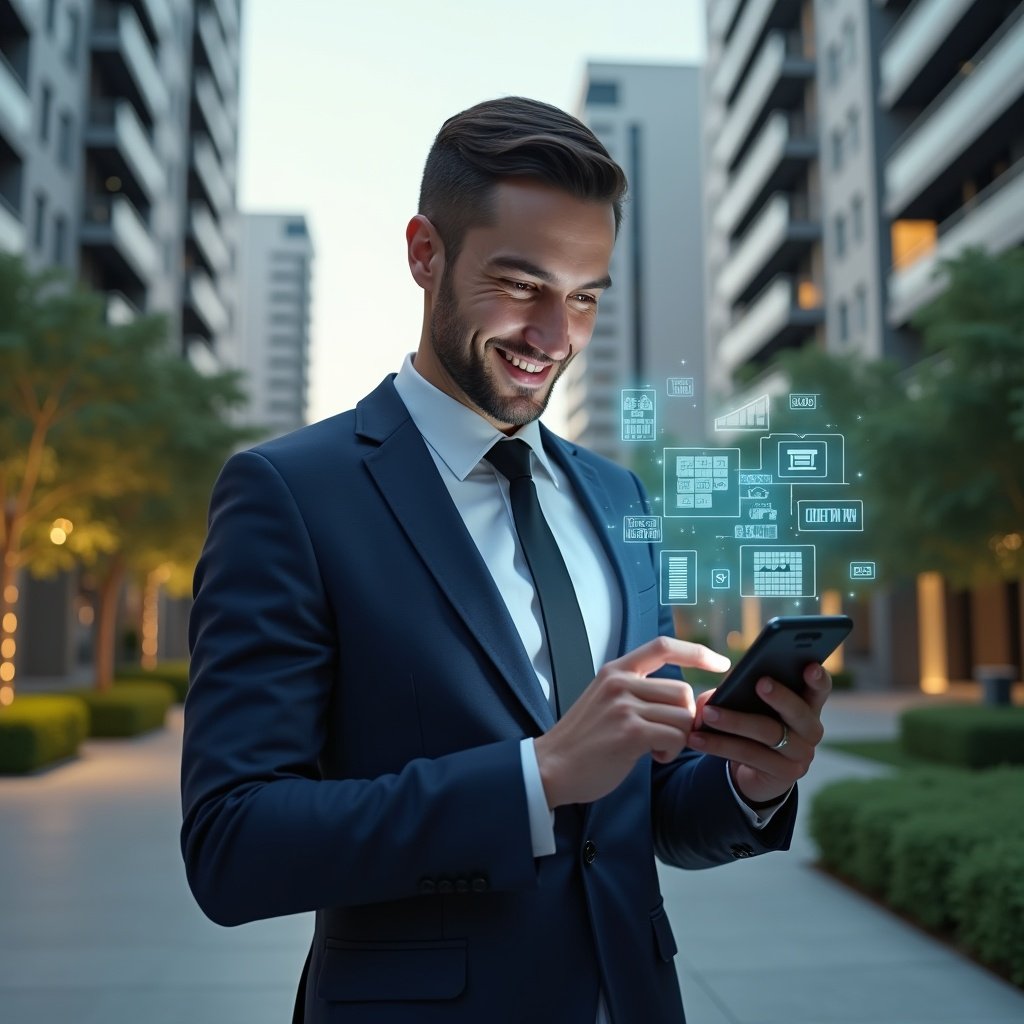 (Ultra-realistic condominium manager in a tailored navy suit, set in a modern luxury condominium environment with high-rise buildings and manicured green landscaping, holding a holographic smartphone interface displaying a condominium management app dashboard, confidently analyzing data with a slight smile, floating icons of tasks, financial charts and calendar symbols around the device, cinematic lighting, shallow depth of field, highly detailed textures, realistic skin, photographic realism, 8k resolution --ar 1:1 --v 6)