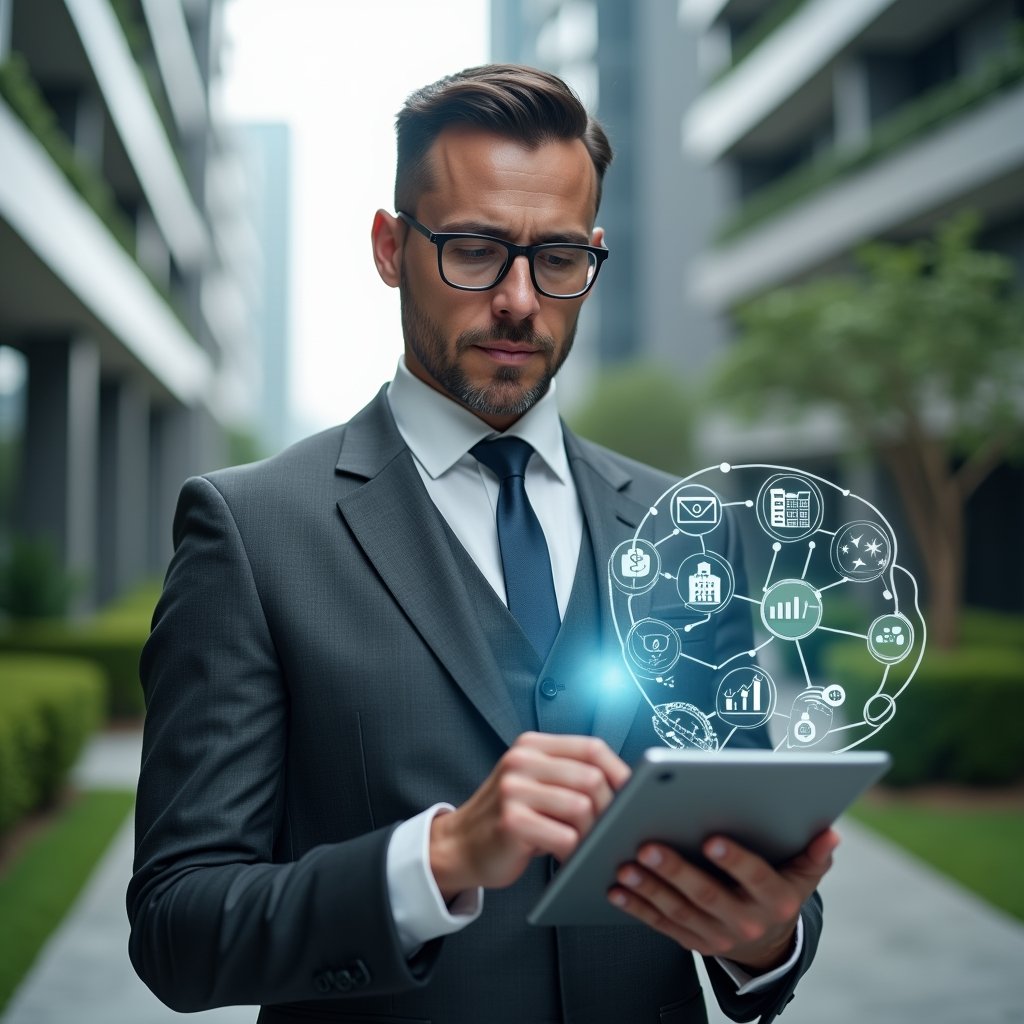 (Ultra-realistic condominium manager in a charcoal gray executive suit, set in a modern luxury condominium environment with high-rise buildings and manicured green landscaping, holding a transparent tablet displaying holographic finance and operations dashboards, examining floating icons of bills, charts, and reservation calendars, confident and focused expression, cinematic lighting, shallow depth of field, highly detailed textures, realistic skin, photographic realism, 8k resolution --ar 1:1 --v 6)