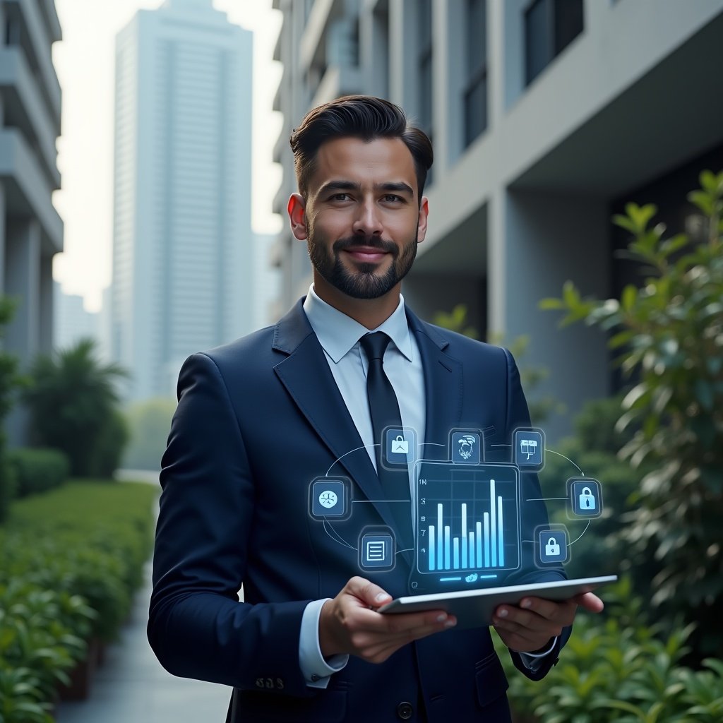 (Ultra-realistic condominium manager in a navy blue suit, set in a modern luxury condominium environment with high-rise buildings and green landscaping, holding a tablet displaying a digital dashboard of a management app, holographic app icons for finance, communication and security floating around, confident and focused expression, cinematic lighting, shallow depth of field, highly detailed textures, realistic skin, photographic realism, 8k resolution --ar 1:1 --v 6)