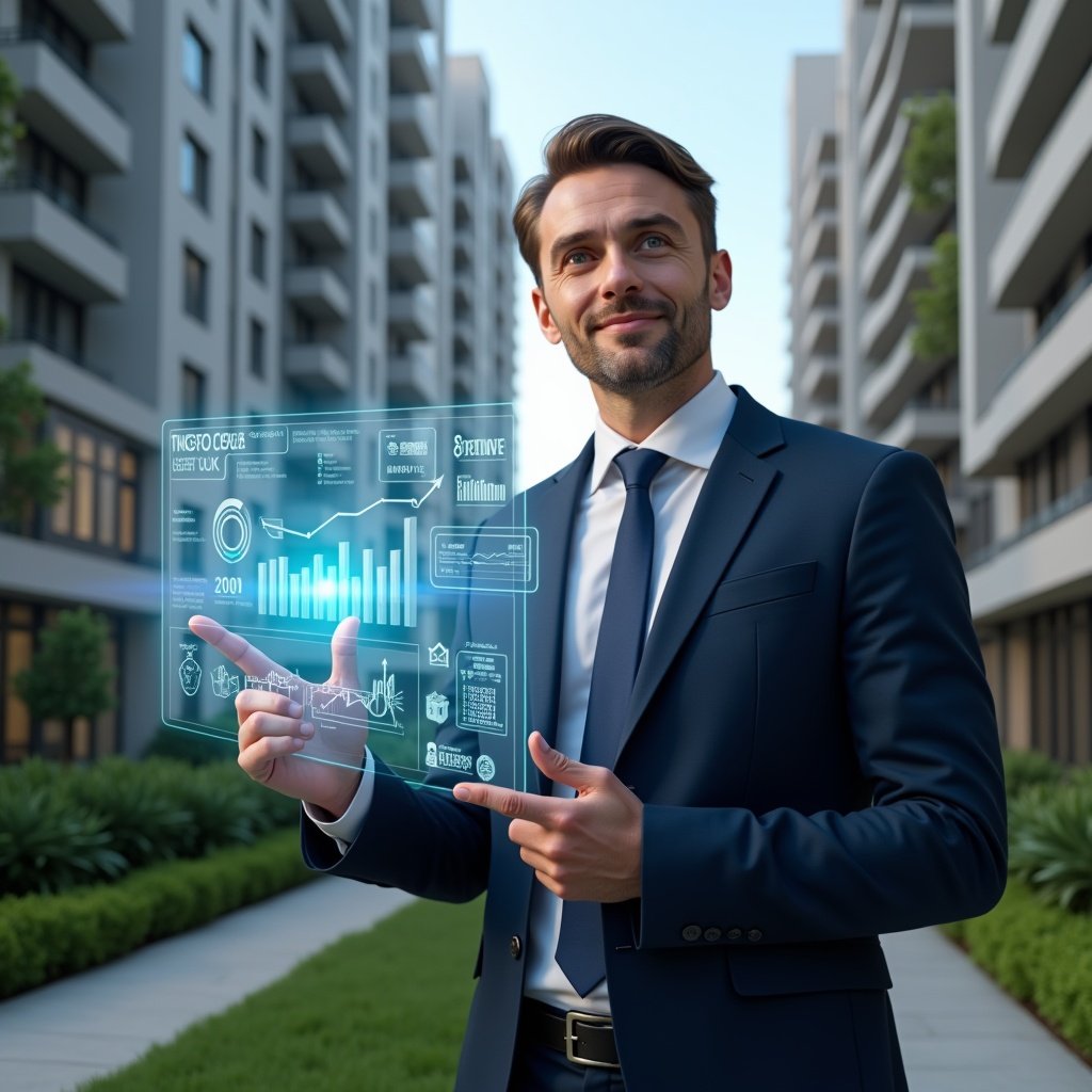 (Ultra-realistic condominium manager in a dark blue tailored suit, set in a modern luxury condominium environment with high-rise buildings and green landscaping, holding a transparent holographic financial report and pointing at interactive charts, floating ledger icons and graphs symbolizing clear accounting, confident expression, cinematic lighting, shallow depth of field, highly detailed textures, realistic skin, photographic realism, 8k resolution --ar 1:1 --v 6)