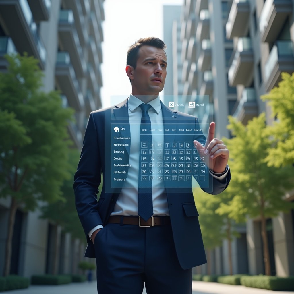 (Ultra-realistic condominium manager in a navy executive suit, set in a modern luxury condominium environment with high-rise buildings and green landscaping, mid-shot of a confident professional pointing at a floating holographic calendar schedule with maintenance and event icons, cinematic lighting, shallow depth of field, highly detailed textures, realistic skin, photographic realism, 8k resolution --ar 1:1 --v 6)