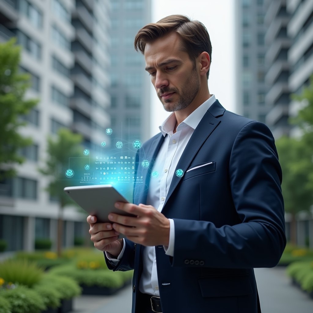 (Ultra-realistic condominium manager in a navy blue suit, set in a modern luxury condominium environment with high-rise buildings and green landscaping, holding a digital tablet displaying a holographic calendar schedule, focused and confident expression, floating holographic schedule icons and task markers around the device, cinematic lighting, shallow depth of field, highly detailed textures, realistic skin, photographic realism, 8k resolution --ar 1:1 --v 6)