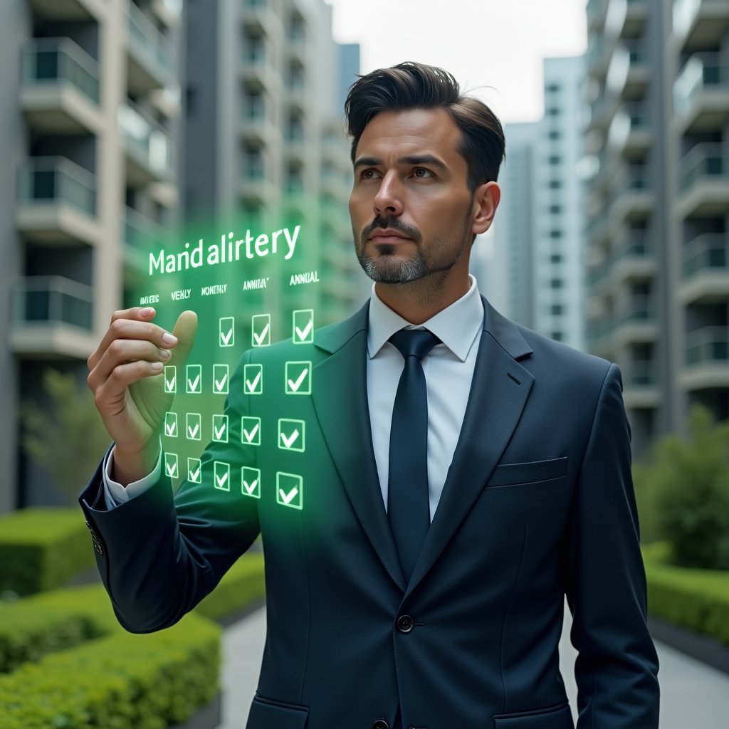(Ultra-realistic condominium manager in a tailored navy suit, set in a modern luxury condominium environment with high-rise buildings and manicured green landscaping, mid-shot close-up of the manager interacting with a floating holographic weekly, monthly and annual checklist calendar displaying green checkmarks, expression confident and focused, cinematic lighting, shallow depth of field, highly detailed textures, realistic skin, photographic realism, 8k resolution --ar 1:1 --v 6)