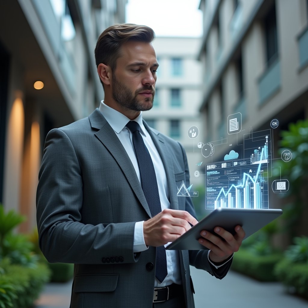 (Ultra-realistic condominium manager in a charcoal gray executive suit, set in a modern luxury condominium environment with high-rise buildings and lush green landscaping, holding a transparent tablet displaying holographic financial charts and graphs, confidently analyzing digital accounting data, floating icons of balance sheets and receipts around them, cinematic lighting, shallow depth of field, highly detailed textures, realistic skin, photographic realism, 8k resolution --ar 1:1 --v 6)