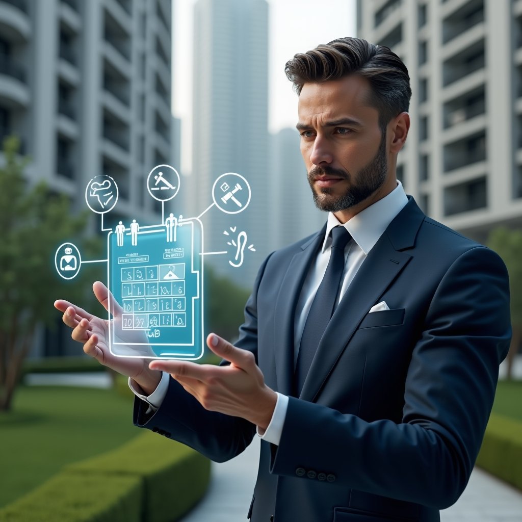 (Ultra-realistic condominium manager in a tailored navy suit, set in a modern luxury condominium environment with high-rise buildings and manicured gardens, examining a floating holographic calendar and task list with confident, focused expression, subtle icons of maintenance tools and assembly gavel orbiting the hologram, cinematic lighting, shallow depth of field, highly detailed textures, realistic skin, photographic realism, 8k resolution --ar 1:1 --v 6)