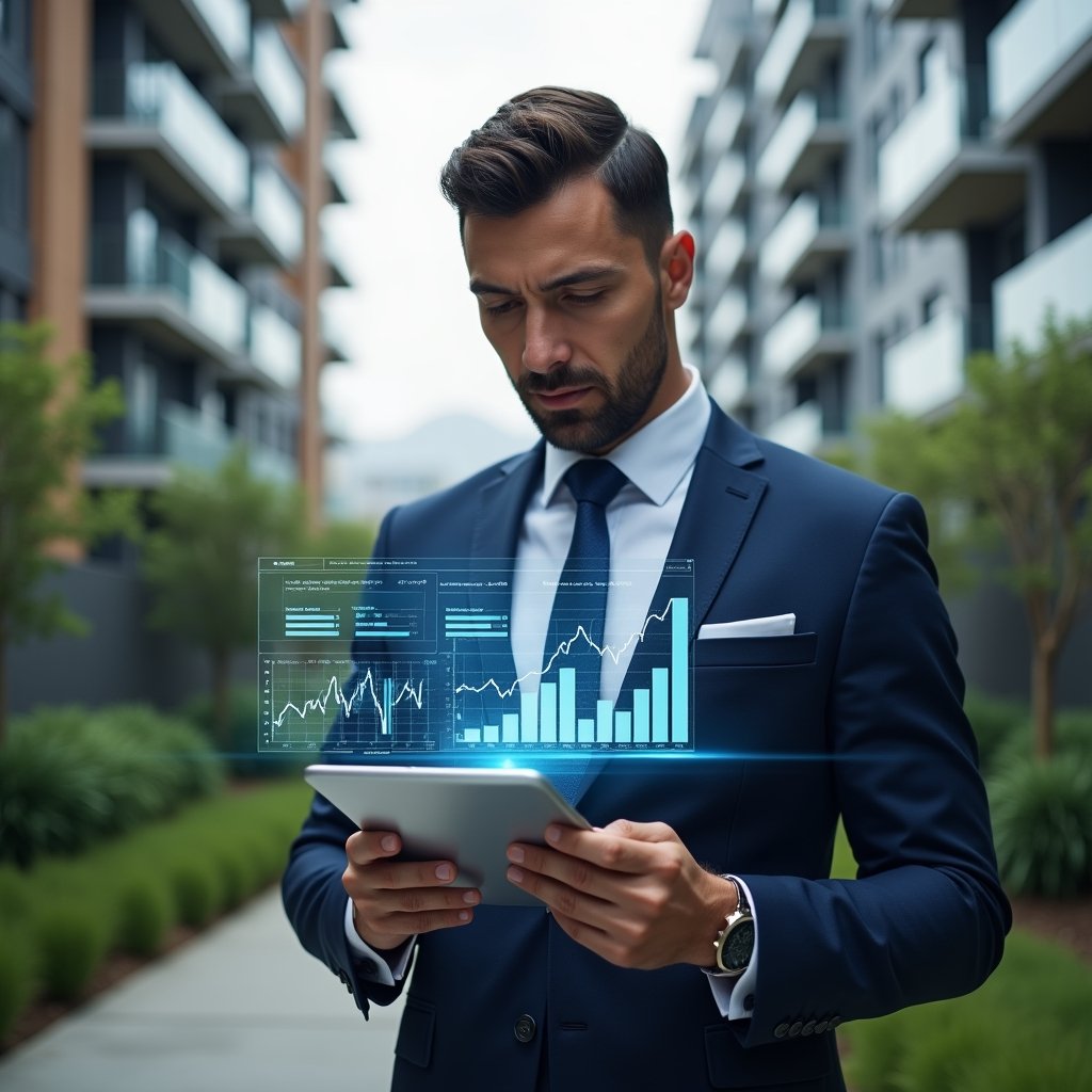 (Ultra-realistic condominium manager in a tailored navy blue suit, set in a modern luxury condominium environment with high-rise buildings and manicured green landscaping, reviewing detailed financial reports on a sleek tablet with floating holographic charts and graphs symbolizing transparency, confident and focused expression, cinematic lighting, shallow depth of field, highly detailed textures, realistic skin, photographic realism, 8k resolution --ar 1:1 --v 6)