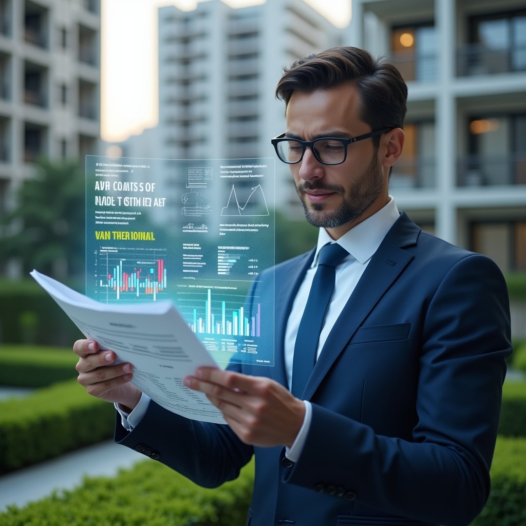 (Ultra-realistic condominium manager in a navy blue suit, set in a modern luxury condominium environment with high-rise buildings and manicured green landscaping, examining a floating holographic monthly financial report with colorful charts and graphs, confident expression, digital approval stamp hologram hovering beside them, cinematic lighting, shallow depth of field, highly detailed textures, realistic skin, photographic realism, 8k resolution --ar 1:1 --v 6)
