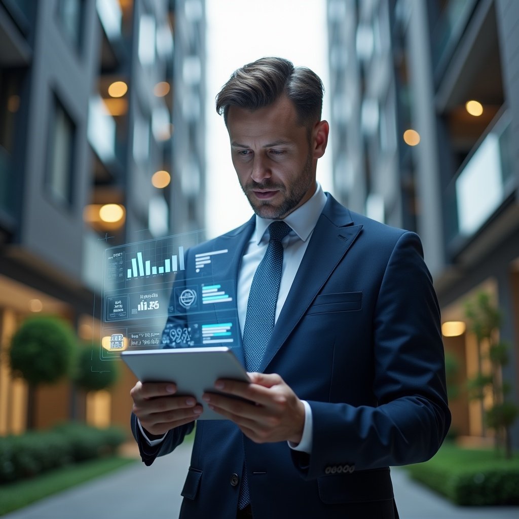 (Ultra-realistic condominium manager in a navy blue suit, set in a modern luxury condominium environment with high-rise buildings and meticulously landscaped greenery, reviewing holographic financial charts projected from a tablet, confident and focused expression while analyzing expense reports, floating icons of receipts and bar graphs symbolizing transparency, cinematic lighting, shallow depth of field, highly detailed textures, realistic skin, photographic realism, 8k resolution --ar 1:1 --v 6)