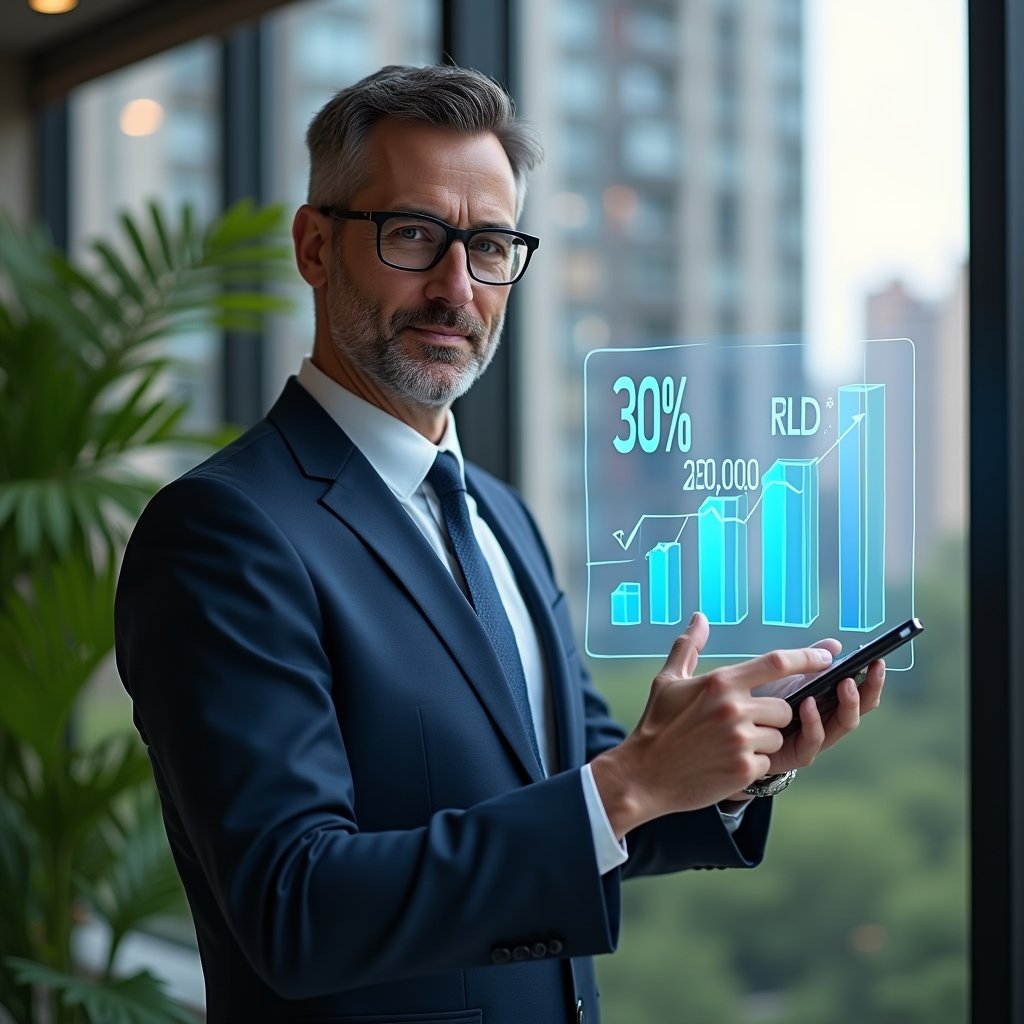 Ultra-realistic condominium manager in a navy suit, set in a modern luxury condominium environment with high-rise buildings and lush green landscaping, reviewing a holographic financial chart showing a 30% cost reduction, confident expression, cinematic lighting, shallow depth of field, highly detailed textures, realistic skin, photographic realism, 8k resolution --ar 1:1 --v 6