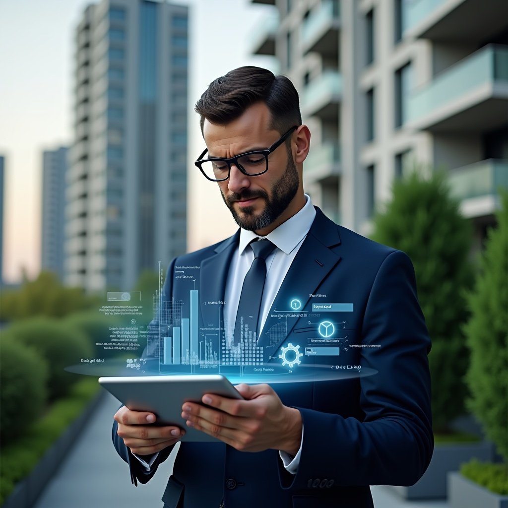 (Ultra-realistic condominium property manager in a navy suit, set in a modern luxury condominium environment with high-rise buildings and green landscaping, holding a tablet displaying floating holographic financial charts and real-time cost-saving graphs, analyzing data with a confident and focused expression, symbolic holographic icons of coins and gears representing expense reduction, cinematic lighting, shallow depth of field, highly detailed textures, realistic skin, photographic realism, 8k resolution --ar 1:1 --v 6)