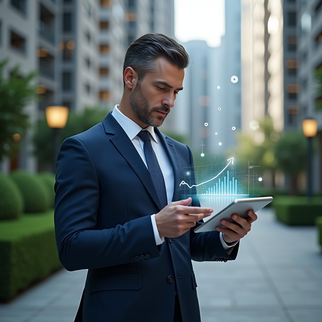 (Ultra-realistic condominium manager in a tailored navy-blue suit, set in a modern luxury condominium environment with high-rise buildings and manicured green landscaping, mid-shot focused on the manager holding a digital tablet displaying a holographic declining cost graph, confidently analyzing financial data, holographic icons of coins and gears floating around, cinematic lighting, shallow depth of field, highly detailed textures, realistic skin, photographic realism, 8k resolution --ar 1:1 --v 6)