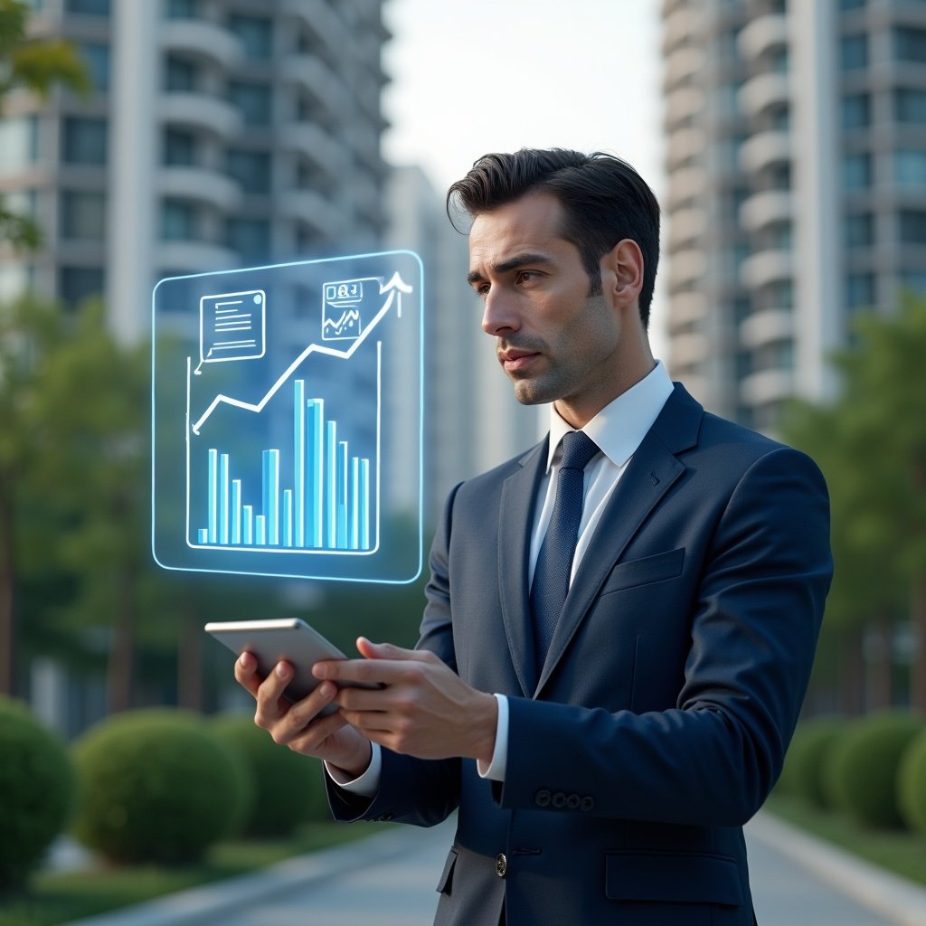Ultra-realistic condominium manager in a dark blue suit, set in a modern luxury condominium environment with high-rise buildings and well-manicured green landscaping, reviewing a floating holographic contract and budget graphs symbolizing cost reduction, confident and focused expression, cinematic lighting, shallow depth of field, highly detailed textures, realistic skin, photographic realism, 8k resolution --ar 1:1 --v 6