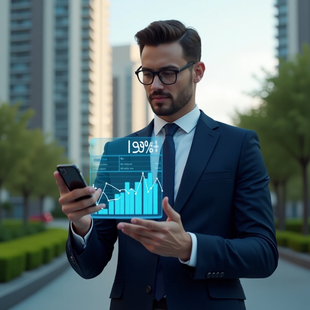 Ultra-realistic condominium manager in a dark blue executive suit, set in a modern luxury condominium environment with high-rise buildings and manicured green landscaping, close-up of the professional holding a smartphone displaying a holographic financial dashboard with a prominent “30% cost reduction” chart, confident and inspired expression, cinematic lighting, shallow depth of field, highly detailed textures, realistic skin, photographic realism, 8k resolution --ar 1:1 --v 6