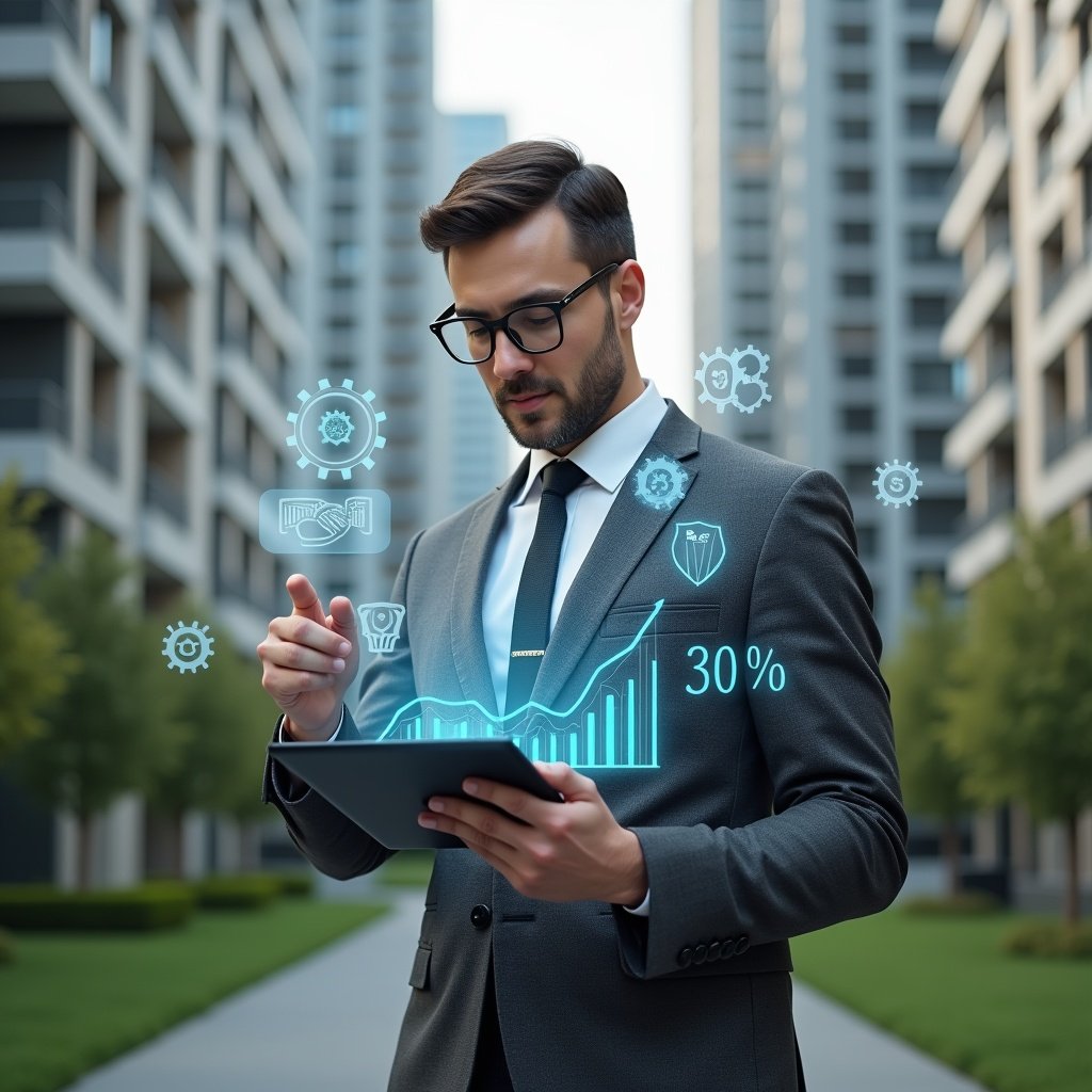Ultra-realistic condominium manager in a charcoal gray executive suit, set in a modern luxury condominium environment with high-rise buildings and manicured green landscaping, mid-shot of the manager holding a tablet displaying holographic budget charts and savings graphs illustrating a 30% cost reduction, confident and focused expression, floating icons of gears and currency symbols symbolizing automation and financial optimization, cinematic lighting, shallow depth of field, highly detailed textures, realistic skin, photographic realism, 8k resolution --ar 1:1 --v 6