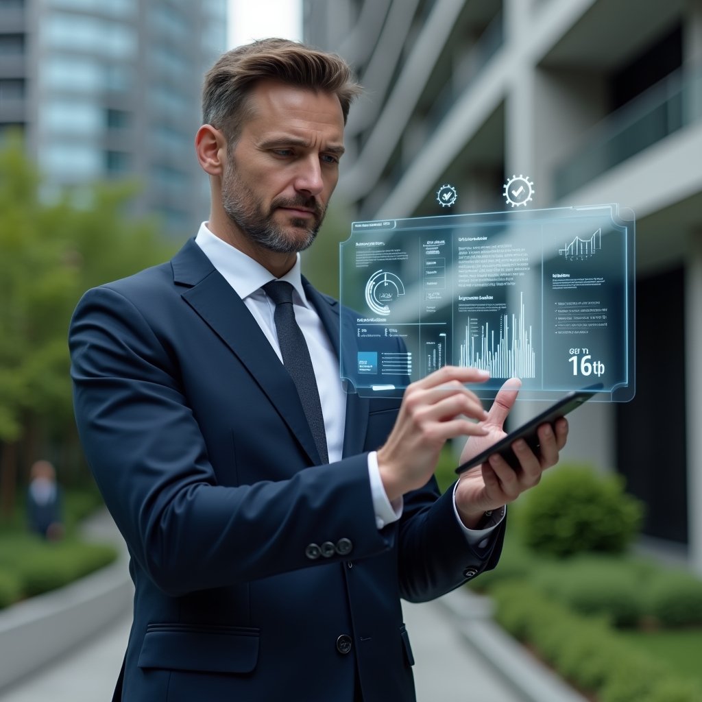 (Ultra-realistic condominium manager in a tailored navy suit, set in a modern luxury condominium environment with high-rise buildings and manicured green landscaping, confidently interacting with a holographic app interface showing charts and task lists, floating digital icons of gears and checkmarks symbolizing automation, cinematic lighting, shallow depth of field, highly detailed textures, realistic skin, photographic realism, 8k resolution --ar 1:1 --v 6)