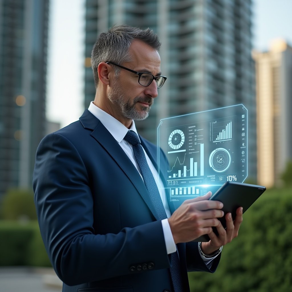 Ultra-realistic condominium manager in a navy tailored suit, set in a modern luxury condominium environment with high-rise buildings and lush green landscaping, holding a digital tablet displaying holographic financial charts, confidently reviewing transparent reports, semi-transparent icons of graphs and checkmarks floating beside, cinematic lighting, shallow depth of field, highly detailed textures, realistic skin, photographic realism, 8k resolution --ar 1:1 --v 6