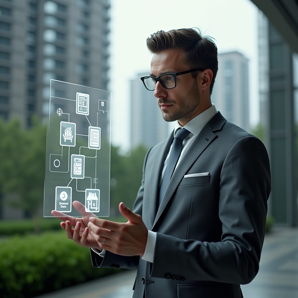 (Ultra-realistic condominium manager in a tailored gray suit, set in a modern luxury condominium environment with high-rise buildings and meticulously landscaped greenery, examining a holographic interface of five floating app icons representing top management solutions, confident and focused expression, cinematic lighting, shallow depth of field, highly detailed textures, realistic skin, photographic realism, 8k resolution --ar 1:1 --v 6)