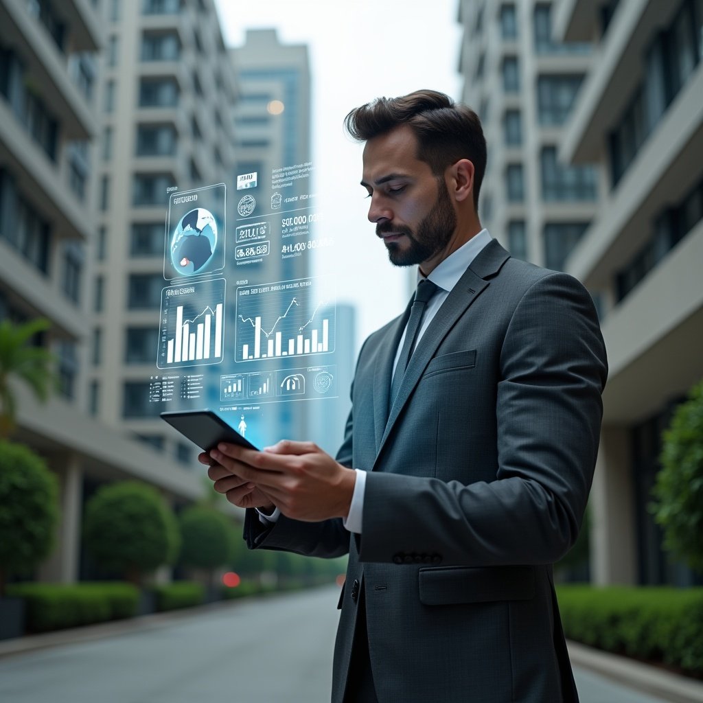 (Ultra-realistic condominium manager in a charcoal gray tailored suit, set in a modern luxury condominium environment with high-rise buildings and manicured green landscaping, mid-shot showing a focused professional holding a transparent tablet projecting holographic app icons and comparative charts, analyzing virtual management dashboards representing cost-benefit graphs and messaging notifications, cinematic lighting, shallow depth of field, highly detailed textures, realistic skin, photographic realism, 8k resolution --ar 1:1 --v 6)