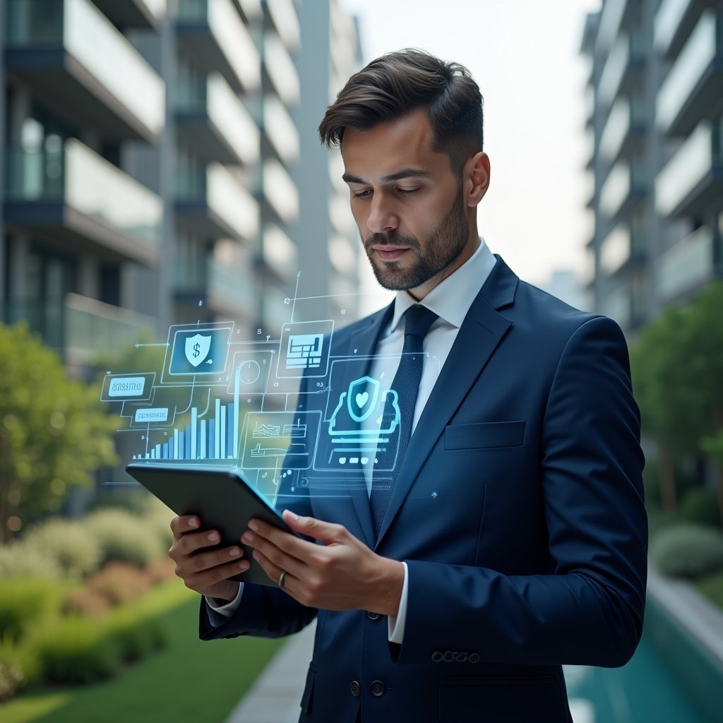 Ultra-realistic condominium manager in a navy blue suit, set in a modern luxury condominium environment with high-rise buildings and lush green landscaping, holding a tablet displaying a floating holographic interface of financial charts, chat bubbles, security shield and calendar icons, confident expression analyzing data, cinematic lighting, shallow depth of field, highly detailed textures, realistic skin, photographic realism, 8k resolution --ar 1:1 --v 6