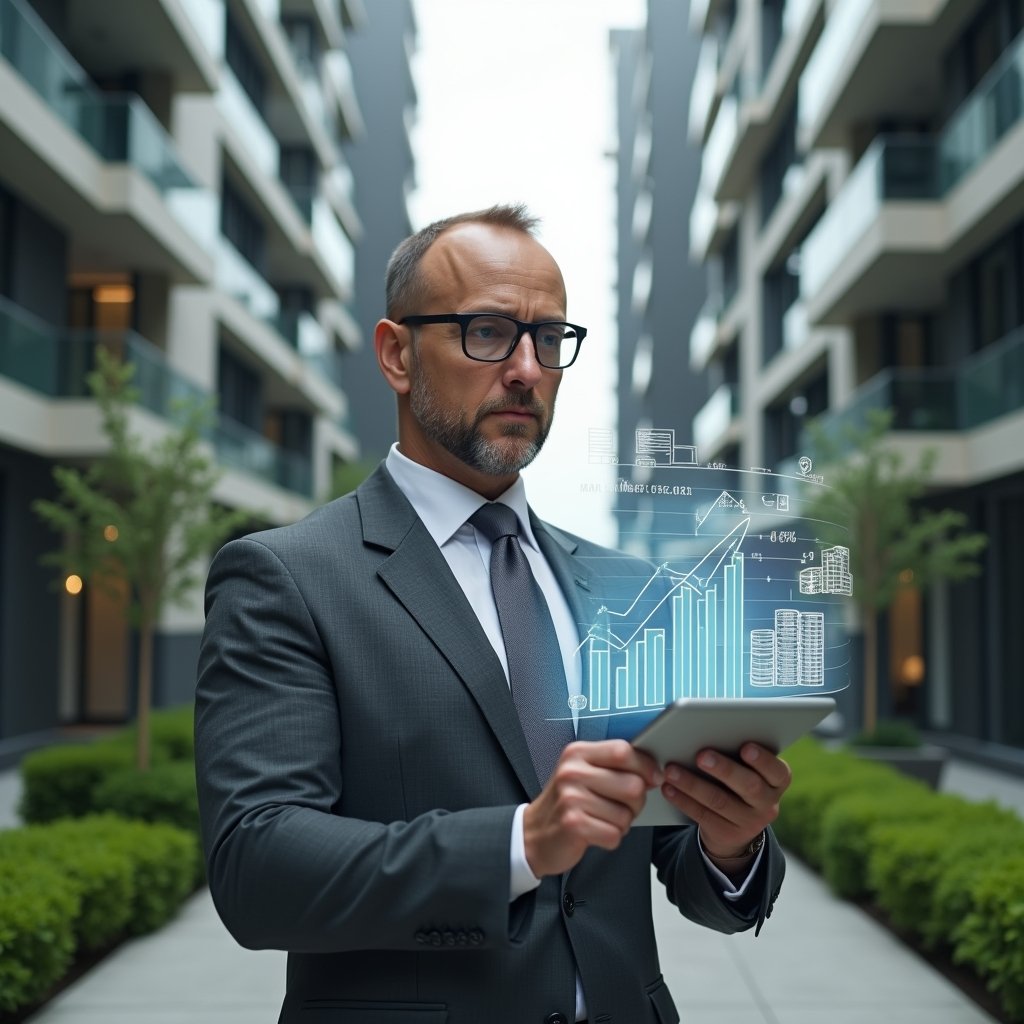 Ultra-realistic condominium manager in a charcoal gray suit, set in a modern luxury condominium environment with high-rise buildings and manicured green landscaping, holding a transparent tablet displaying holographic expense charts and bar graphs, confidently analyzing financial data, symbolic floating icons of coins and budget sheets, cinematic lighting, shallow depth of field, highly detailed textures, realistic skin, photographic realism, 8k resolution --ar 1:1 --v 6
