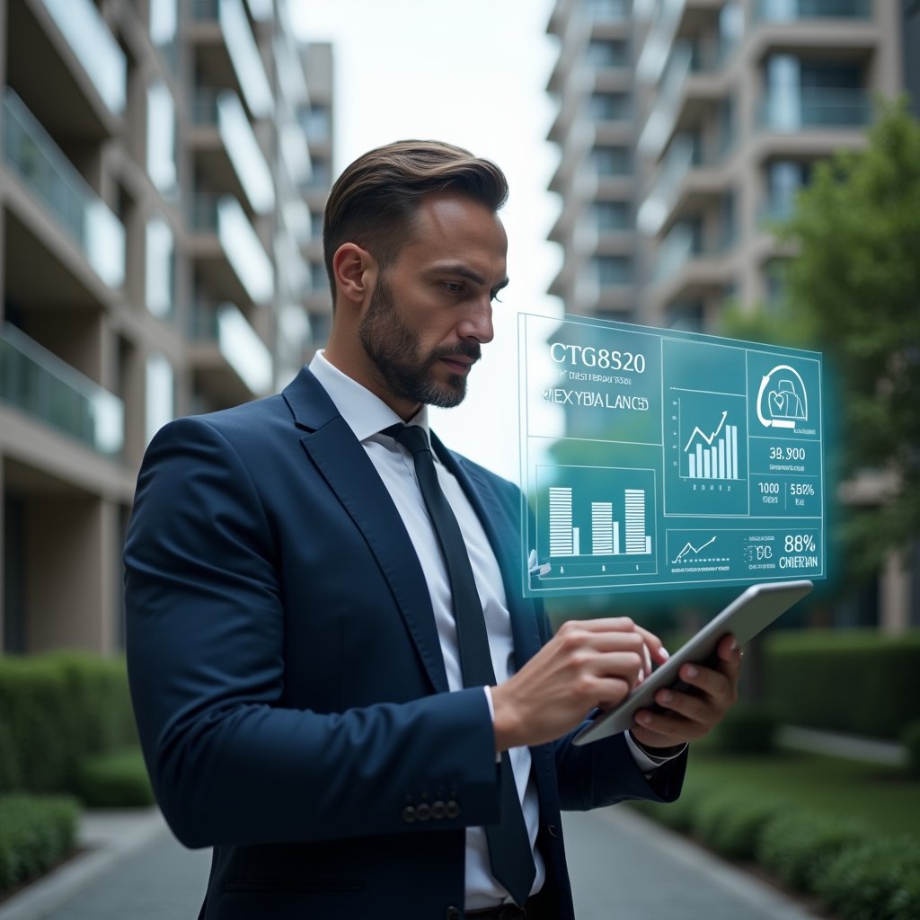 (Ultra-realistic condominium manager in a tailored navy suit, set in a modern luxury condominium environment with high-rise buildings and manicured green spaces, holding a tablet and analyzing holographic financial charts showing expenses and balances, floating balance sheets and data icons around, confident and focused expression, cinematic lighting, shallow depth of field, highly detailed textures, realistic skin, photographic realism, 8k resolution --ar 1:1 --v 6)