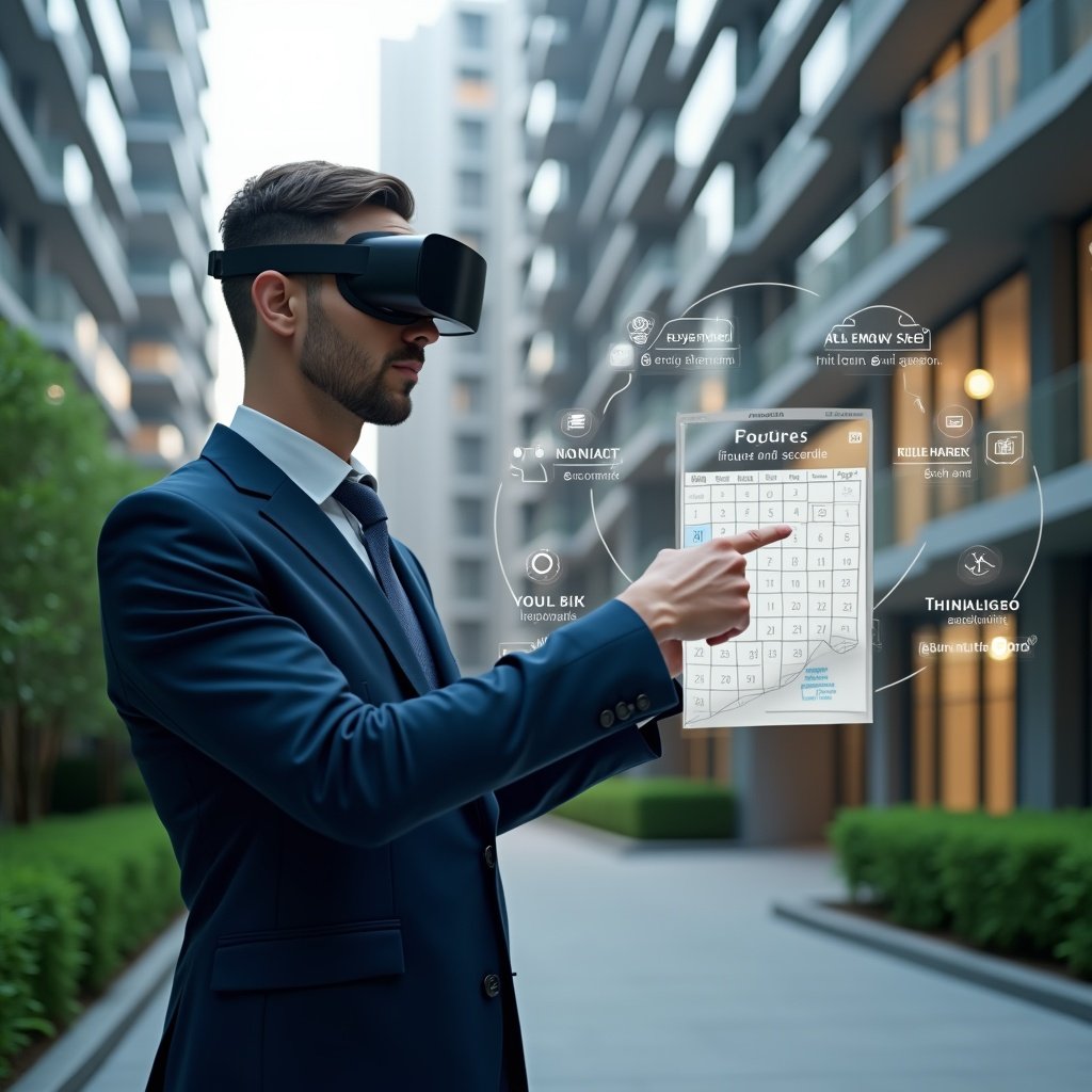 Ultra-realistic condominium manager in a navy blue suit, set in a modern luxury condominium environment with high-rise buildings and manicured green landscaping, confidently pointing at a holographic calendar displaying maintenance schedules, assembly reminders and payment deadlines, floating calendar icons and timeline graphics around them, cinematic lighting, shallow depth of field, highly detailed textures, realistic skin, photographic realism, 8k resolution --ar 1:1 --v 6