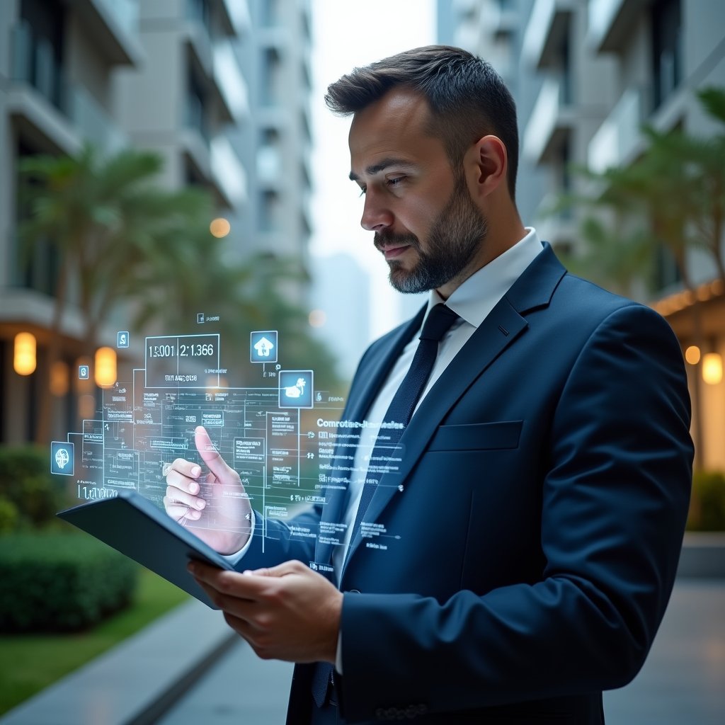 (Ultra-realistic condominium manager in a navy suit, set in a modern luxury condominium environment with high-rise buildings and meticulously maintained greenery, holding a holographic schedule grid and pointing thoughtfully at the projected timeline, futuristic digital icons of maintenance tools and event symbols floating around, confident and focused expression, cinematic lighting, shallow depth of field, highly detailed textures, realistic skin, photographic realism, 8k resolution --ar 1:1 --v 6)