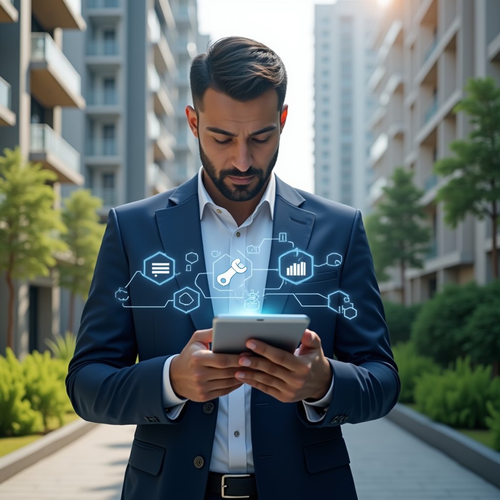 (Ultra-realistic condominium manager in a navy blue executive suit, set in a modern luxury condominium environment with high-rise buildings and manicured green landscaping, reviewing a holographic digital schedule with floating icons of a wrench, gavel and finance charts, confident and focused expression, cinematic lighting, shallow depth of field, highly detailed textures, realistic skin, photographic realism, 8k resolution --ar 1:1 --v 6)