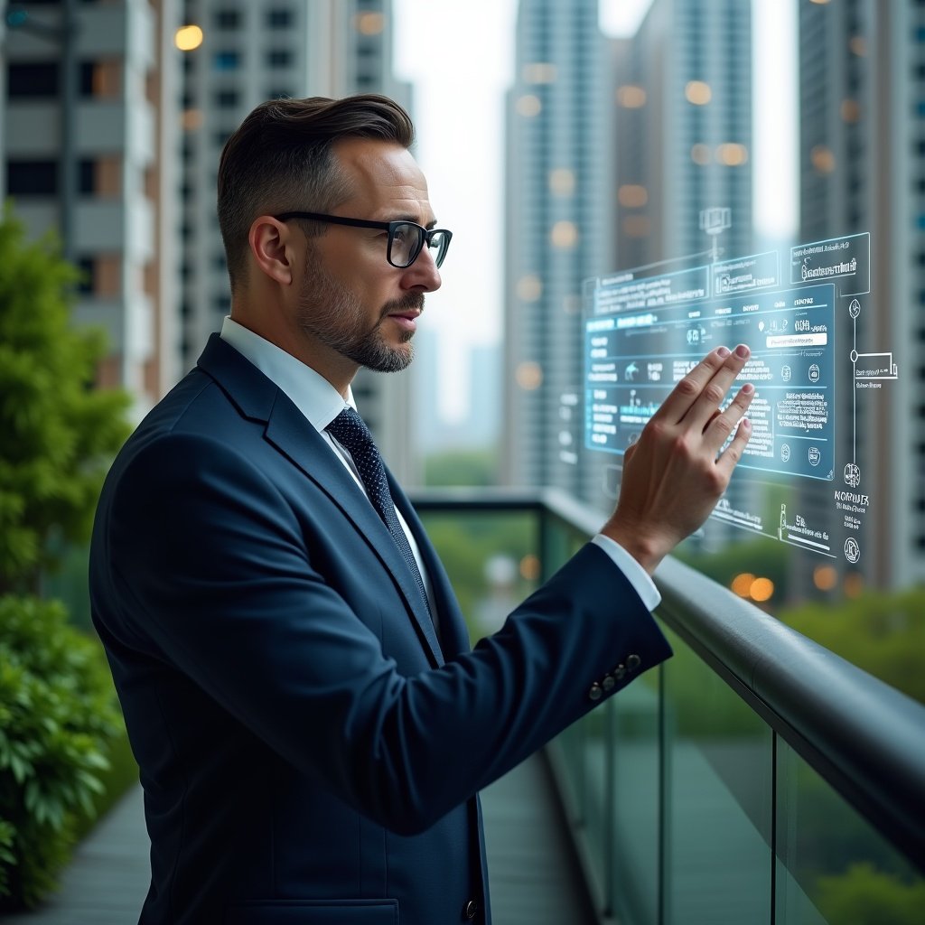 (Ultra-realistic condominium manager in a tailored navy suit, set in a modern luxury condominium environment with high-rise buildings and lush green landscaping, studying a holographic calendar interface displaying maintenance, assembly and financial icons, confident and focused expression, cinematic lighting, shallow depth of field, highly detailed textures, realistic skin, photographic realism, 8k resolution --ar 1:1 --v 6)