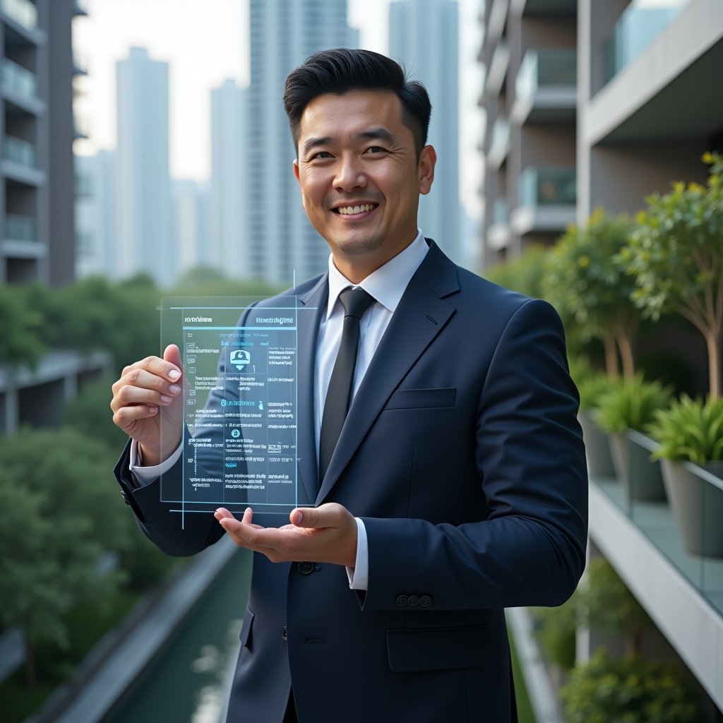 (Ultra-realistic condominium manager in a tailored navy suit, set in a modern luxury condominium environment with high-rise buildings and meticulously landscaped greenery, holding a transparent holographic calendar interface displaying scheduled maintenance, meetings and payment reminders, confident expression as they interact with floating schedule icons, cinematic lighting, shallow depth of field, highly detailed textures, realistic skin, photographic realism, 8k resolution --ar 1:1 --v 6)