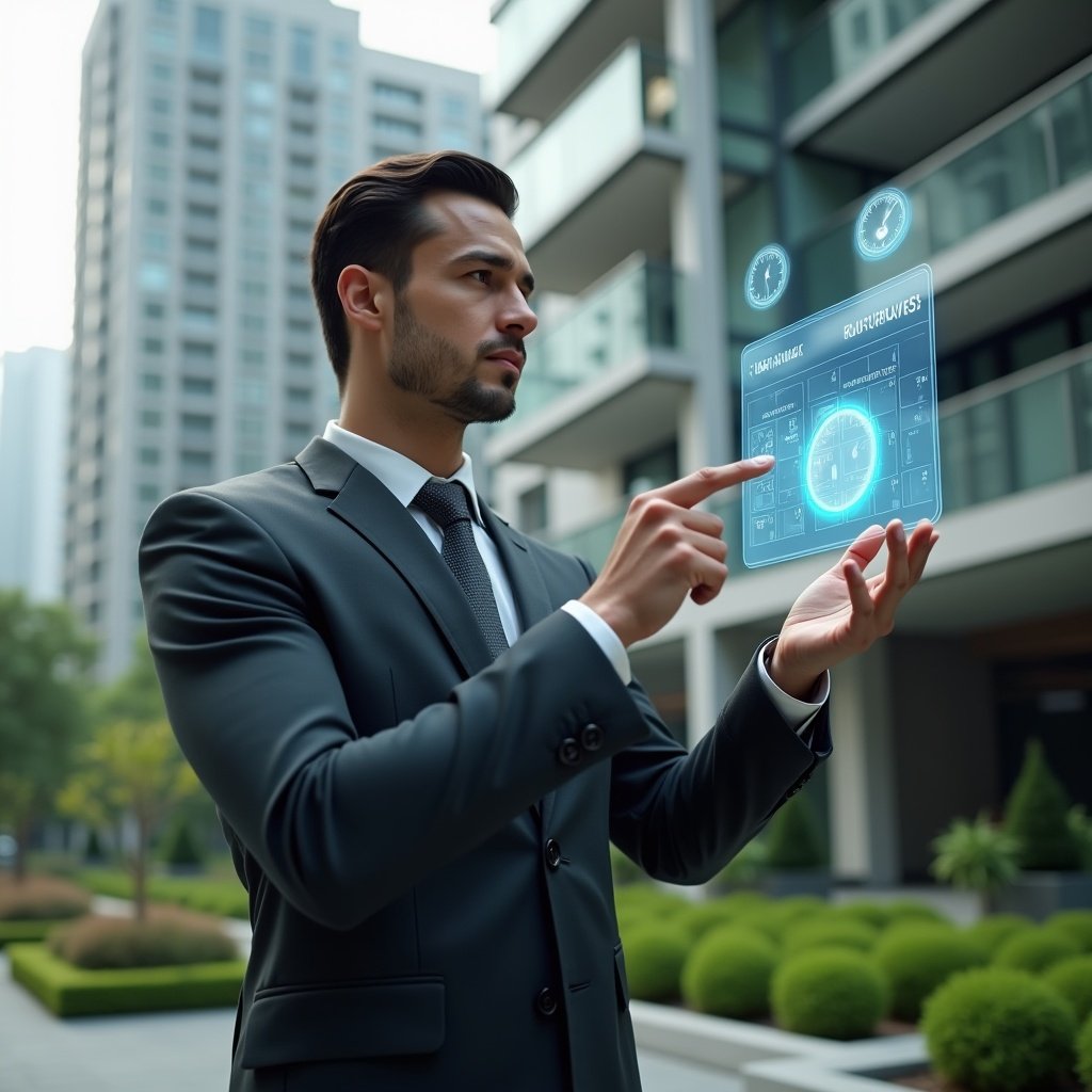 (Ultra-realistic condominium manager in a tailored dark gray suit, set in a modern luxury condominium environment with high-rise buildings and manicured green landscaping, standing in a medium close-up pose while confidently pointing at a floating holographic maintenance calendar, with translucent icons of clocks and checkmarks symbolizing scheduled tasks, cinematic lighting, shallow depth of field, highly detailed textures, realistic skin, photographic realism, 8k resolution --ar 1:1 --v 6)