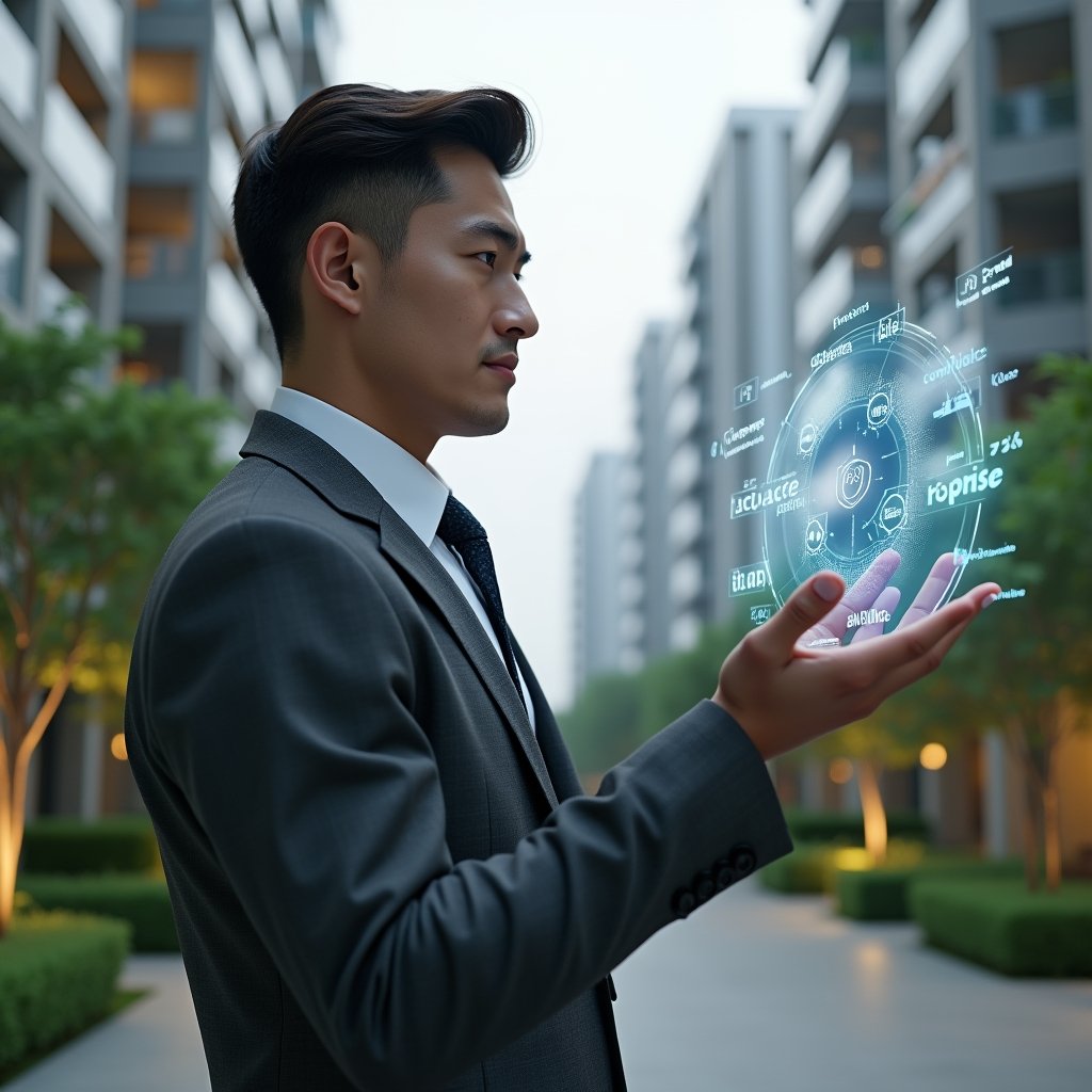 Ultra-realistic condominium manager in a charcoal gray executive suit, set in a modern luxury condominium environment with high-rise buildings and manicured green landscaping, interacting with a floating holographic interface displaying icons for finance, reservations, communication, maintenance, security, analytics, and integrations, confident and focused expression, cinematic lighting, shallow depth of field, highly detailed textures, realistic skin, photographic realism, 8k resolution --ar 1:1 --v 6