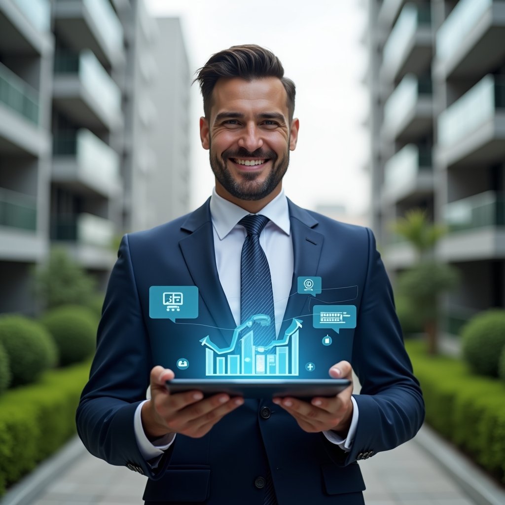 Ultra-realistic condominium manager in a tailored navy suit, set in a modern luxury condominium environment with high-rise buildings and lush green landscaping, holding a tablet displaying floating holographic aplicativo de gestão icons and graphs, confident smile, chat bubble and cost-reduction chart symbols orbiting around, cinematic lighting, shallow depth of field, highly detailed textures, realistic skin, photographic realism, 8k resolution --ar 1:1 --v 6