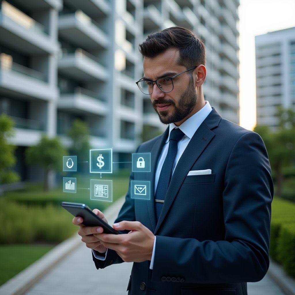 (Ultra-realistic condominium manager in a tailored navy suit, set in a modern luxury condominium environment with high-rise buildings and manicured green landscaping, holding a smartphone in one hand and interacting with floating holographic icons representing financial charts, security locks and chat bubbles, confident and focused expression, cinematic lighting, shallow depth of field, highly detailed textures, realistic skin, photographic realism, 8k resolution --ar 1:1 --v 6)