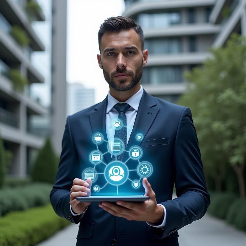 Ultra-realistic condominium manager in a navy blue suit, set in a modern luxury condominium environment with high-rise buildings and lush green landscaping, holding a tablet displaying holographic icons of seven essential app functions (calendar, chat bubble, lock, chart, document, reservation, maintenance), confident and focused expression, cinematic lighting, shallow depth of field, highly detailed textures, realistic skin, photographic realism, 8k resolution --ar 1:1 --v 6