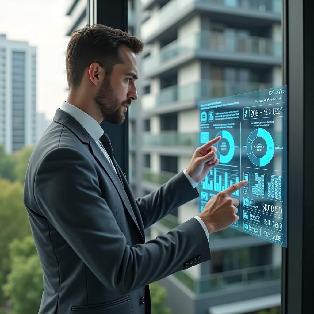 Ultra-realistic condominium manager in a gray tailored suit, set in a modern luxury condominium environment with high-rise buildings and green landscaping, analyzing a holographic financial chart that splits ordinary and extraordinary expenses, pointing confidently at segmented pie charts and floating currency icons, cinematic lighting, shallow depth of field, highly detailed textures, realistic skin, photographic realism, 8k resolution --ar 1:1 --v 6