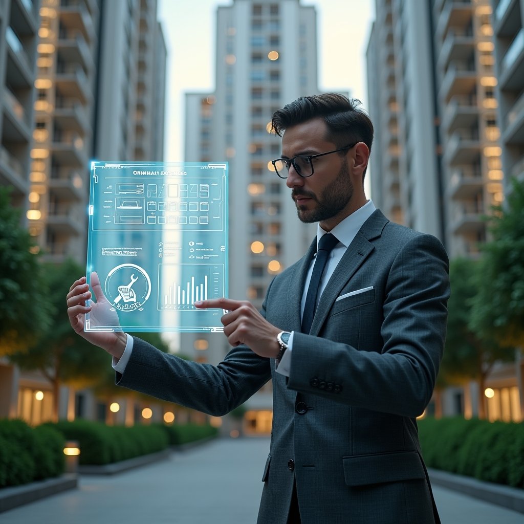 (Ultra-realistic condominium manager in a charcoal gray tailored suit, set in a modern luxury condominium environment with high-rise buildings and manicured green landscaping, examining a semi-transparent holographic chart divided into “Ordinary Expenses” and “Extraordinary Expenses,” pointing thoughtfully at distinct color-coded sections, floating icons of a calendar and a wrench symbolizing routine and emergency costs, confident and focused expression, cinematic lighting, shallow depth of field, highly detailed textures, realistic skin, photographic realism, 8k resolution --ar 1:1 --v 6)