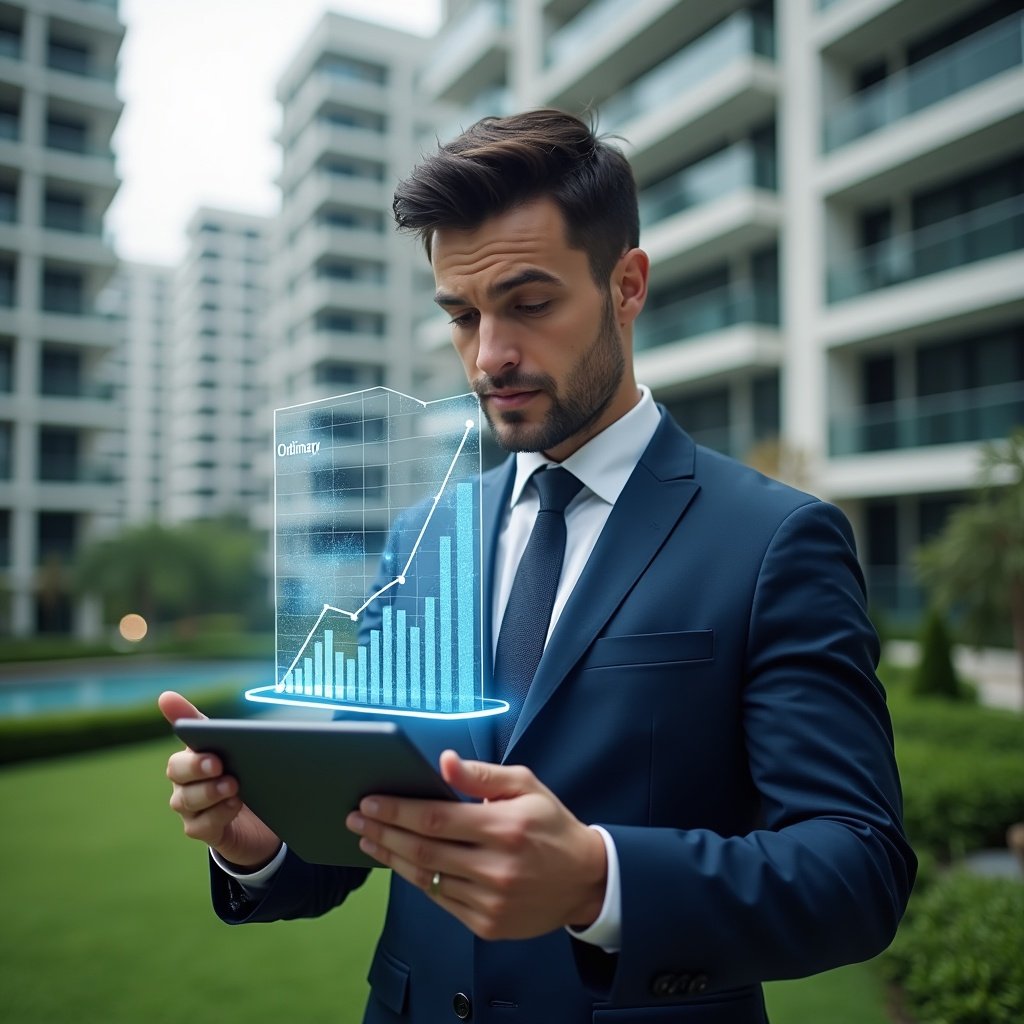 (Ultra-realistic condominium manager in a tailored navy blue suit, set in a modern luxury condominium environment with high-rise buildings and manicured green landscaping, examining a holographic split chart of ordinary vs extraordinary expenses projected above a digital tablet, confident and focused expression, cinematic lighting, shallow depth of field, highly detailed textures, realistic skin, photographic realism, 8k resolution --ar 1:1 --v 6)