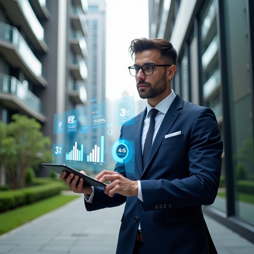 Ultra-realistic condominium administrator in a navy blue executive suit, set in a modern luxury condominium environment with high-rise buildings and manicured green landscaping, holding a transparent tablet displaying holographic charts and icons of an aplicativo para condomínio, confidently reviewing analytics and cost-saving graphs, a floating 3D app icon beside them symbolizing digital management, cinematic lighting, shallow depth of field, highly detailed textures, realistic skin, photographic realism, 8k resolution --ar 1:1 --v 6