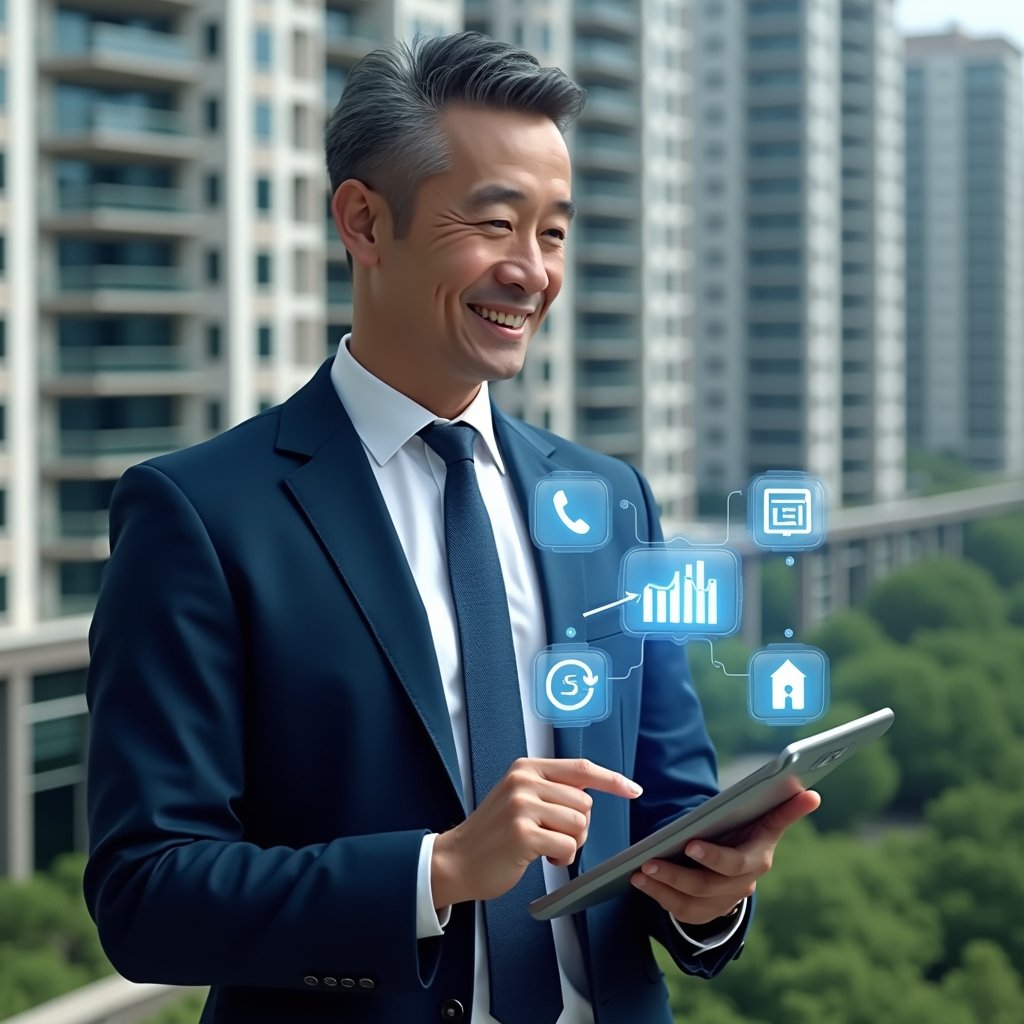 Ultra-realistic condominium manager in a navy blue suit, set in a modern luxury condominium environment with high-rise buildings and green landscaping, holding a transparent tablet displaying holographic app icons for communication, finance, and security, confidently pointing at a floating financial chart and chat bubbles, cinematic lighting, shallow depth of field, highly detailed textures, realistic skin, photographic realism, 8k resolution --ar 1:1 --v 6