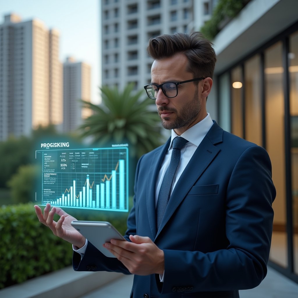Ultra-realistic condominium manager in a tailored dark blue suit, set in a modern luxury condominium environment with high-rise buildings and manicured greenery, reviewing a floating holographic budget breakdown with glowing expense graphs and currency icons, confident and focused expression, cinematic lighting, shallow depth of field, highly detailed textures, realistic skin, photographic realism, 8k resolution --ar 1:1 --v 6