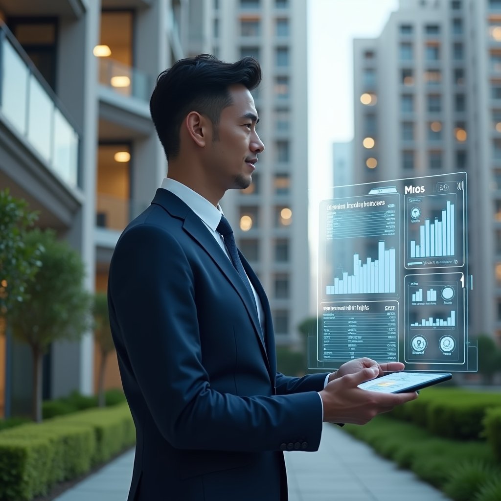 Ultra-realistic professional condominium manager in a navy executive suit, set in a modern luxury condominium environment with high-rise buildings and manicured green landscaping, confidently interacting with a floating holographic dashboard displaying financial charts, reservation calendars, and chat icons symbolizing key app functionalities, cinematic lighting, shallow depth of field, highly detailed textures, realistic skin, photographic realism, 8k resolution --ar 1:1 --v 6