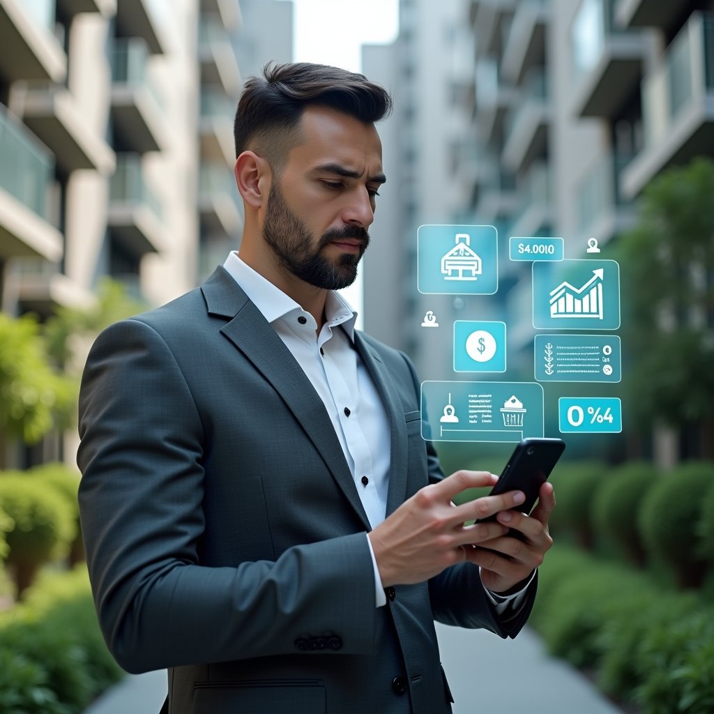 (Ultra-realistic condominium manager in a charcoal gray suit, set in a modern luxury condominium environment with high-rise buildings and lush green landscaping, holding a smartphone and interacting with a holographic interface displaying chat bubbles, financial charts, and security icons, confident expression, cinematic lighting, shallow depth of field, highly detailed textures, realistic skin, photographic realism, 8k resolution --ar 1:1 --v 6)